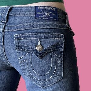 True Religion Y2K low rise flare jeans w/ crystal buttons & embroidered pockets